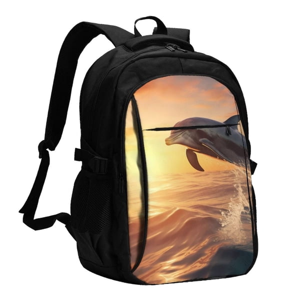 Fotbe Sunset Dancing Dolphin A Mochila con Estampado y Puerto USB para Hombre y Mujer, Mochila Antirrobo, Mochila de Viaje, Mochila Escolar, Mochila Universitaria