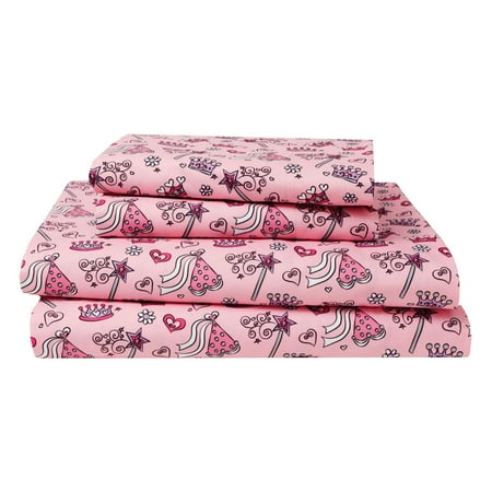 - Princess Full Sheet Set Microfiber Kids Girls Bedding Fairy Wand Crown Pink