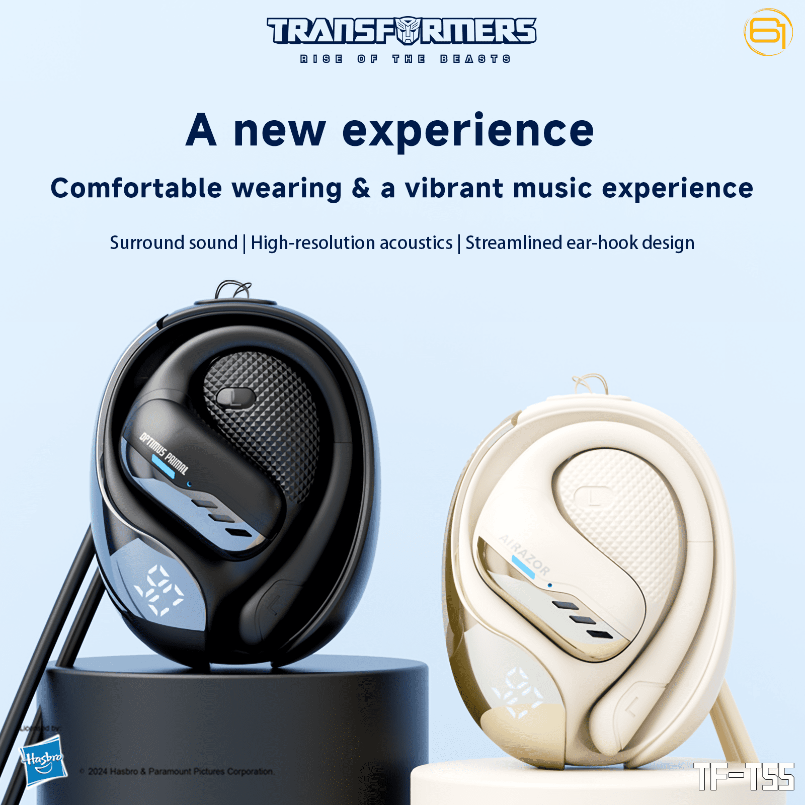 Transformers TF-T55 Open-Back Bluetooth Wireless Earbuds, Sleek Wing-Like Design Passive Noise Cancelling In-Ear Cool HiFi Calling Dual Modes Sports Earphones LED Display – Beige Airazor