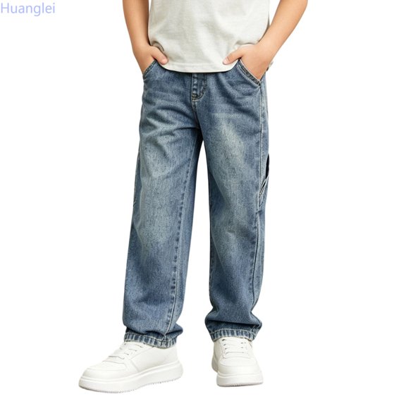 Huanglei Versatile Boys Denim Jeans For And Autumn Relaxed Straight Leg Pants With Front Pockets For Older Kids Everyday And Easy Everyday Wear ,Wide Leg Denim Pants /Size 5-6 Years(Blue)