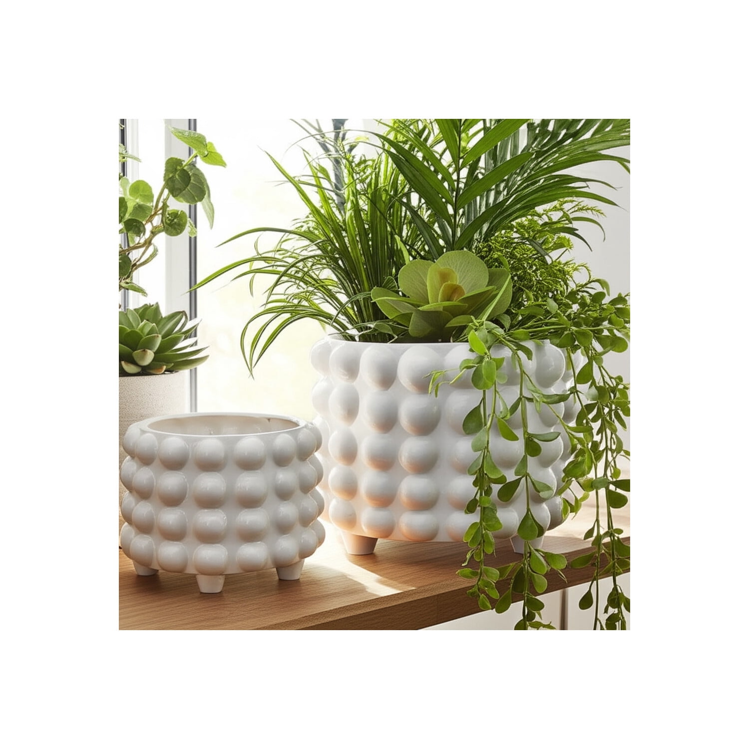 Round Bubble Flower Pots for Home Decor - Ceramic Planters with Texture for Outdoor and Indoor Plants  - Garden Plant Pots for Living Room or Patio Display - Set of 2, 10", 7", White