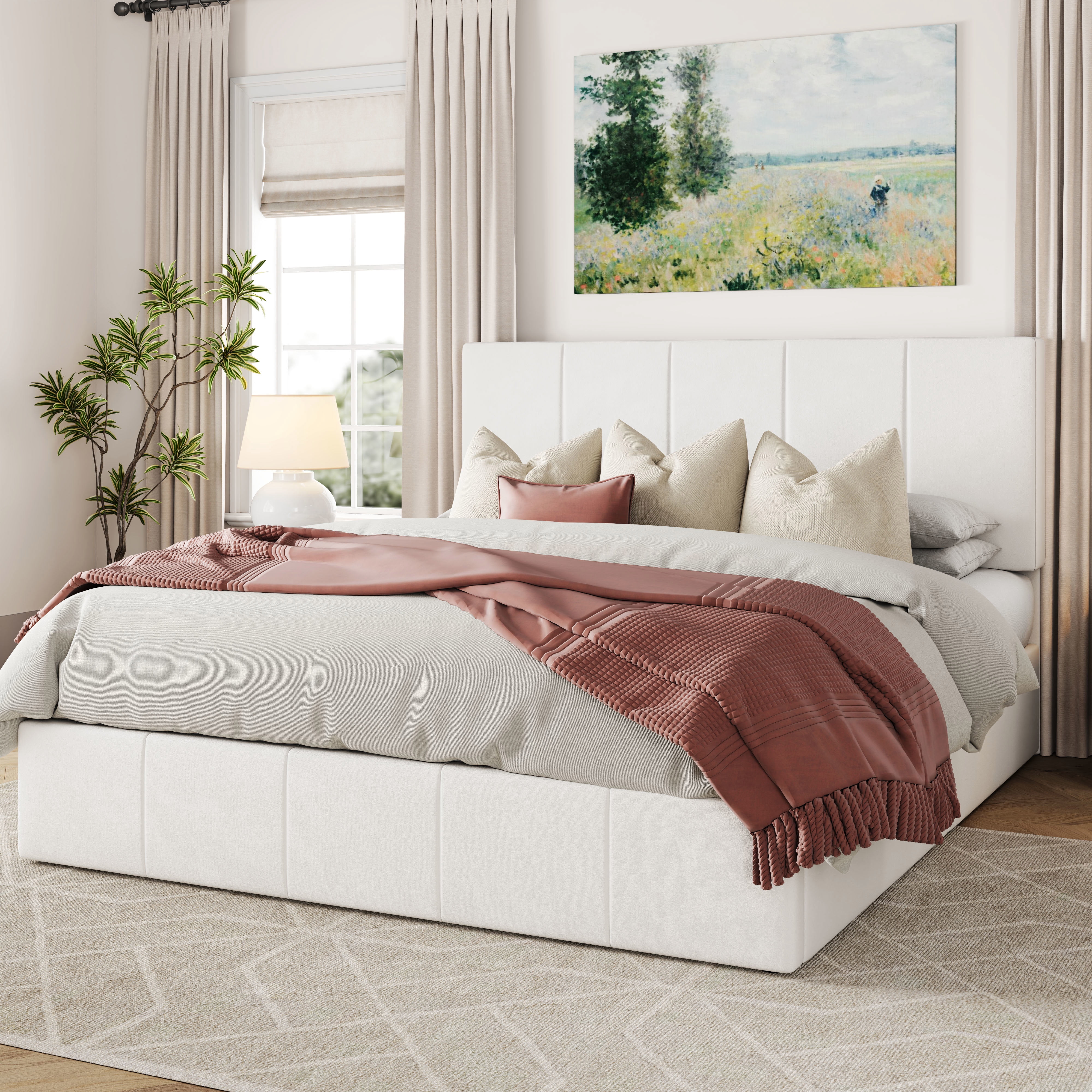 Allewie Queen Size Velvet Lift Up Storage Bed Frame, Vertical Channel Tufted Headboard, Hydrualic Underneath Storage, Upholstered Platform Bed, Wooden Slats Support, No Box Spring Needed, White