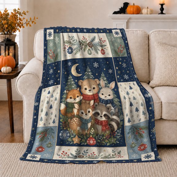 Adorable Woodland Animals Gather Under Snowy Christmas Night, Festive Holiday Scene, Warm Flannel Blanket for Living Room and Reading Nook, Art Lovers Christmas Gift, Festive Home Decor