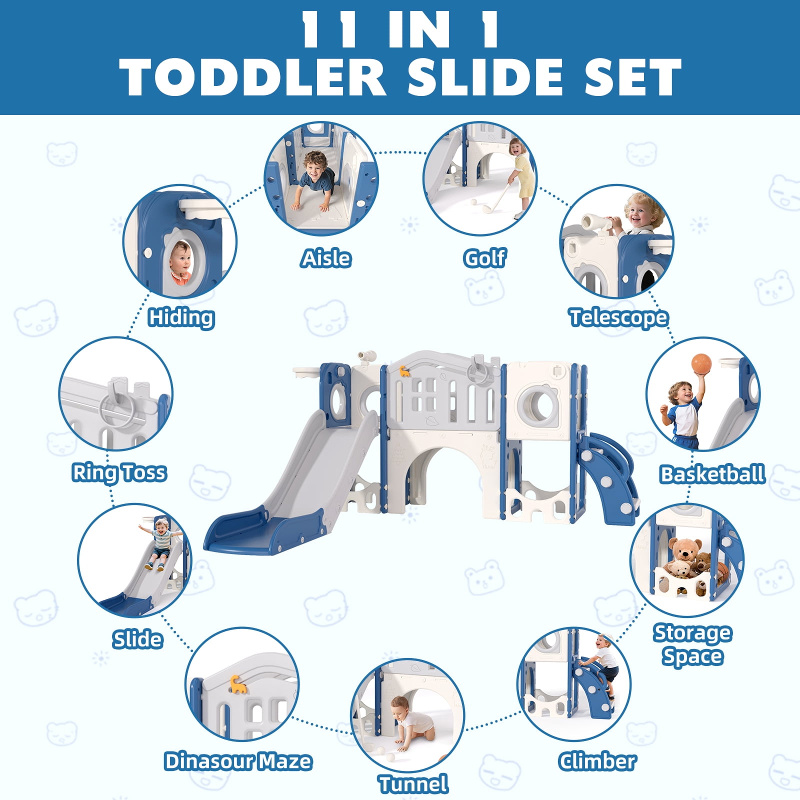 XJD 11 in 1 Toddler Slide PlaySet for kids indoor/outdoor for Toddlers Age 1-3, Blue & Gray