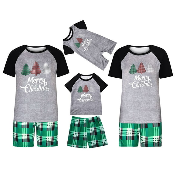 EQWLJWE Christmas Baby Pajamas Girl Matching Family Christmas Pajamas Short Sleeves Pjs Christmas Tree Pajama Shirt Loungewear Round Neck Sleeve Shirts Plaid Shorts Christmas Pjs
