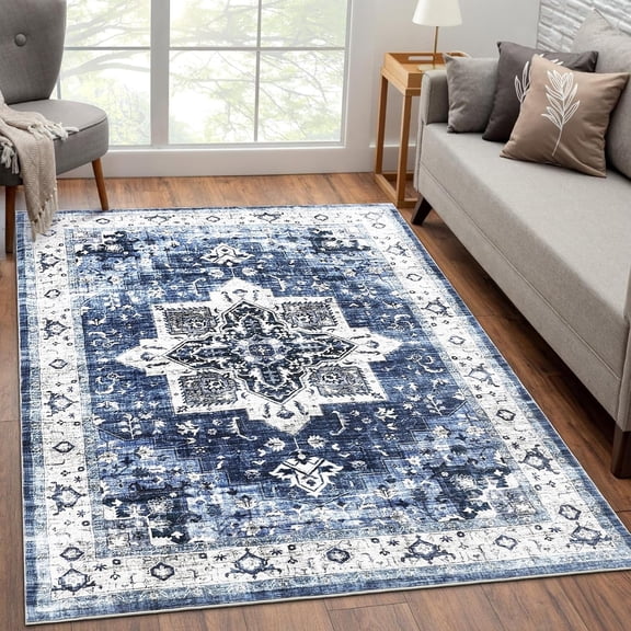 Machine Washable Area Rug 5' x 7', Non Slip Backing Low Pile Rugs Boho Vintage Foldable Stain Resistant Indoor Carpet for Bedroom Living Room Playroom, Blue
