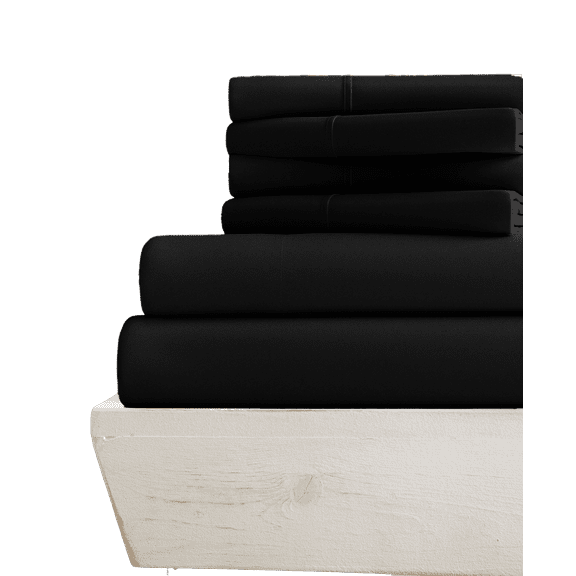 6-PC Short King Giza Sheet Set - (Extra Pillowcases, Fitted Sheet & Flat Sheet) 800-Thread-Count 100% Giza Cotton- 800TC Cotton, 15-Inches Deep Pockets - Black