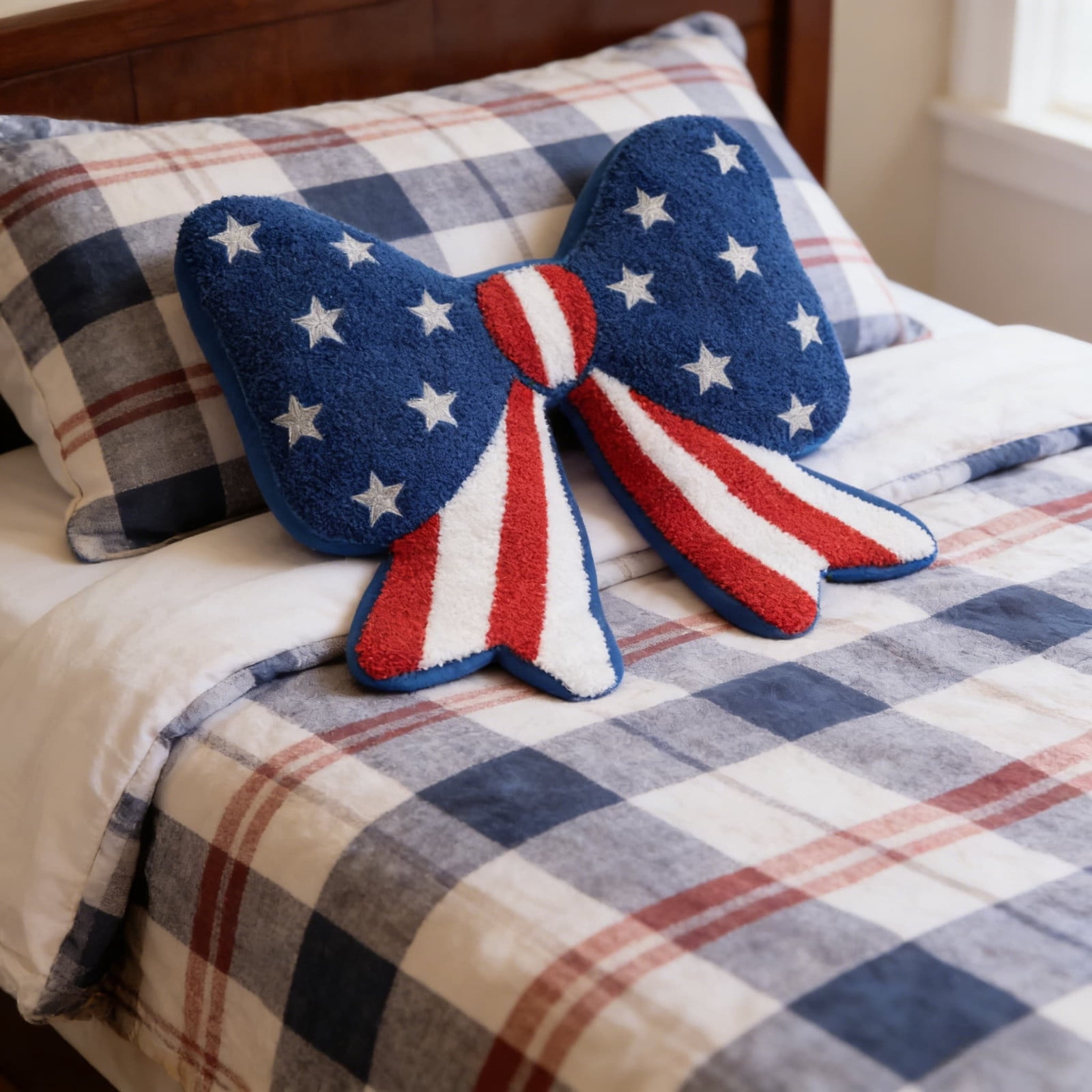 Fuebueo Independence Day Patriotic Bow Pillow, Red White and Blue Stars and Stripes Decorative Throw Cushion, 14.5 x 13 Inch