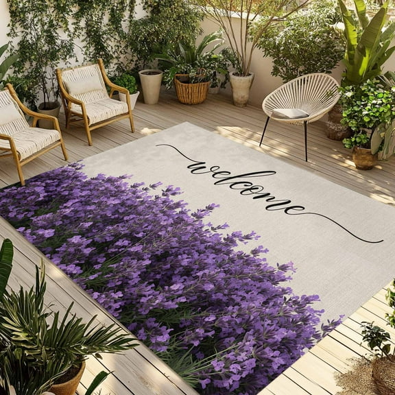 Fsddascl Spring Lavender Outdoor Rug for Patio/Deck/Porch, Non-Slip Large Area Rug 4 x 6 Ft, Seasonal Blooms Botanicals Purple Flower Indoor Outdoor Rugs Washable Area Rugs, Camping Rug Carpet