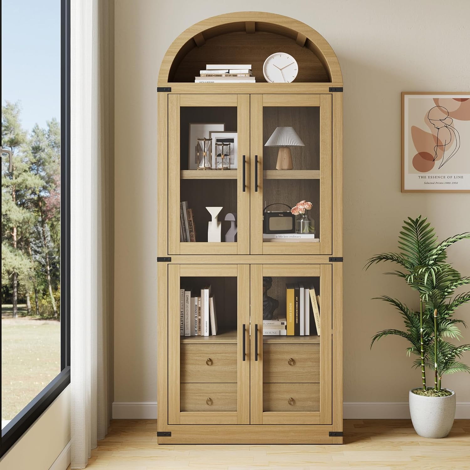 Arched Kitchen Pantry Storage Cabinet with 2 Drawers, 71-Inch Tall Farmhouse Wood Bookcase with 4 Doors for Kitchen Dining Room Bathroom