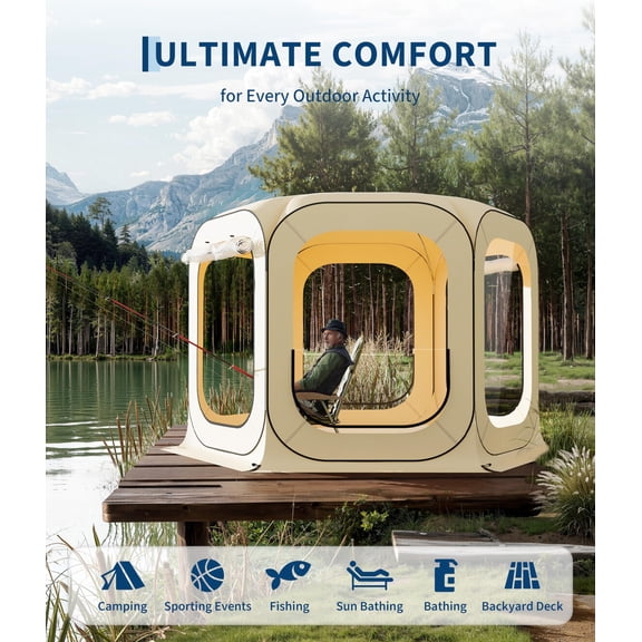 Pop Up Screen Tent for 6-8 Persons – Quick Outdoor Clear Bubble Shelter – Portable Rainproof & Coldproof Sun House – For Camping, Patio, Backyard, Sports Events, Beige – Size: 10x10ft