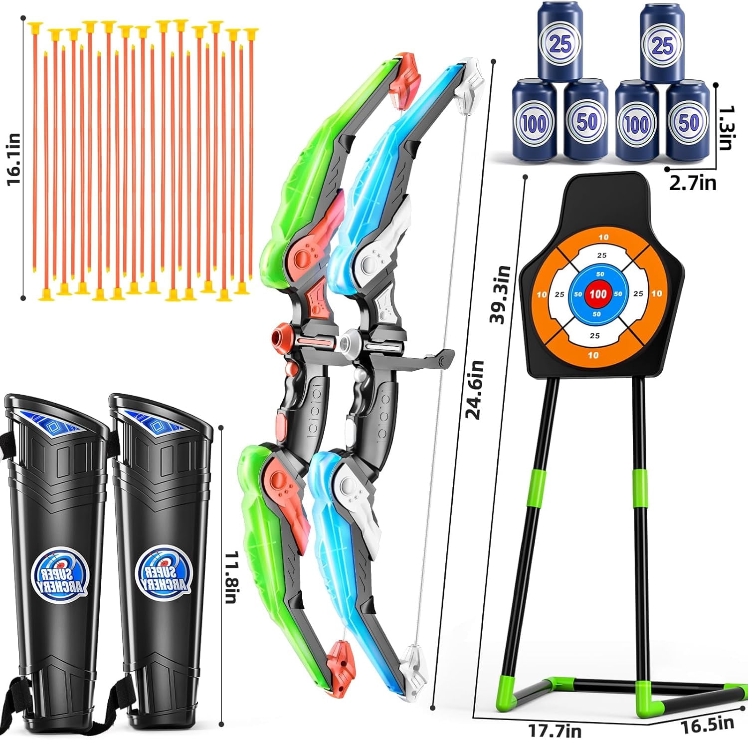 LINXUXIE Kids Bow and Arrow Set with LED Flash Lights, Archery Set with Standing Target,Indoor Outdoor Sport Gift for Boys and Girls Ages 3-12