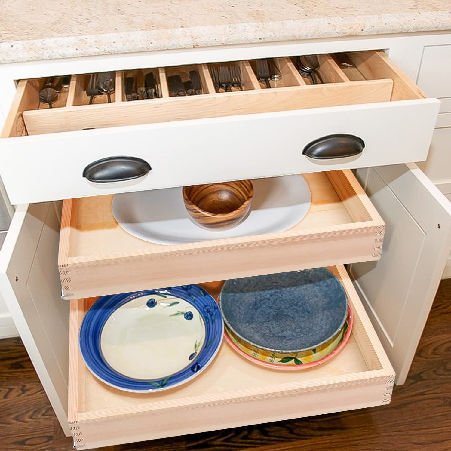 Pull Out Cabinet Drawer, 11”W x 21”D Soft Close Slide Out Wood Drawer Organizer for Kitchen, Finished, Bottom Assembly (Wood Drawer Part is Width 10'')