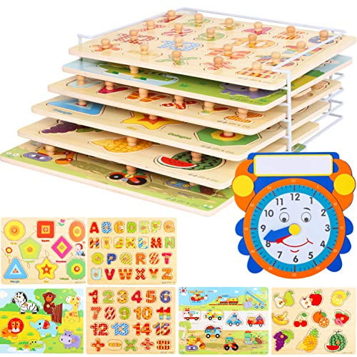 Muxihosn Wooden Vegetables Peg Puzzles Home Preschool Learning Educational Development Jigsaw Game Toy for Age 1 2 3 4 5 Years Old Kids Children Toddler Boys Girls 9pcs 