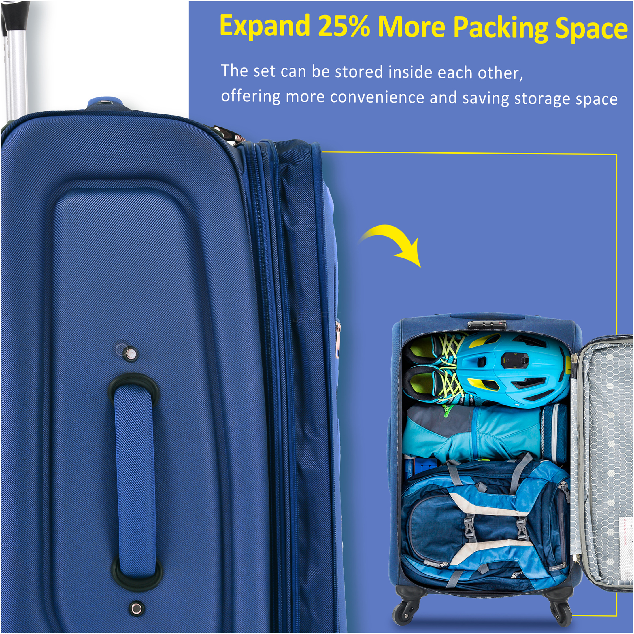 JERFIT 3-Piece Expandable Softside Spinner Luggage Set, Lightweight TSA Lock Suitcases, Blue Polyester Travel Carry-On & Check-In Bags