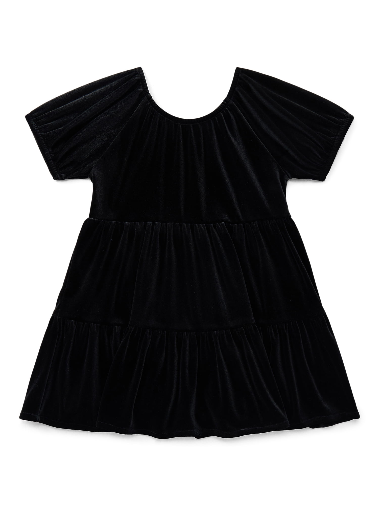 Wonder Nation Toddler Girls Tiered Velvet Dress with Puff Sleeves, Sizes 12M-5T