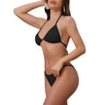 thumbnail image 4 of Conjunto de bikini de 4 piezas para mujer Inspire Chic con nudo en el cuello, parte superior de manga corta y parte inferior triangular, trajes de baño, pequeño, negro, 4 of 5