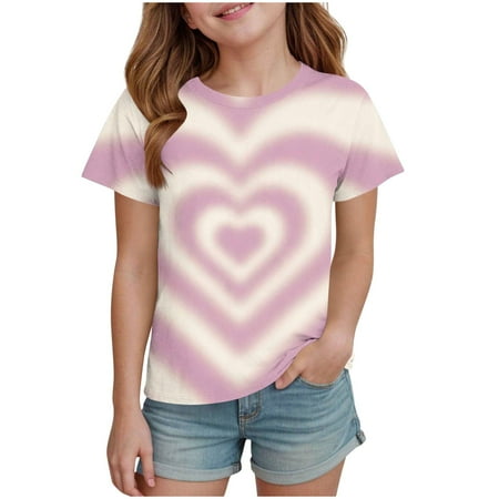 SERTG Girls Valentine Heart Print Short Sleeve T-Shirt Round Neck Casual Soft Blouse Spring Summer Cute Everyday Wear Top for Kids(Beige 7-8 Years)