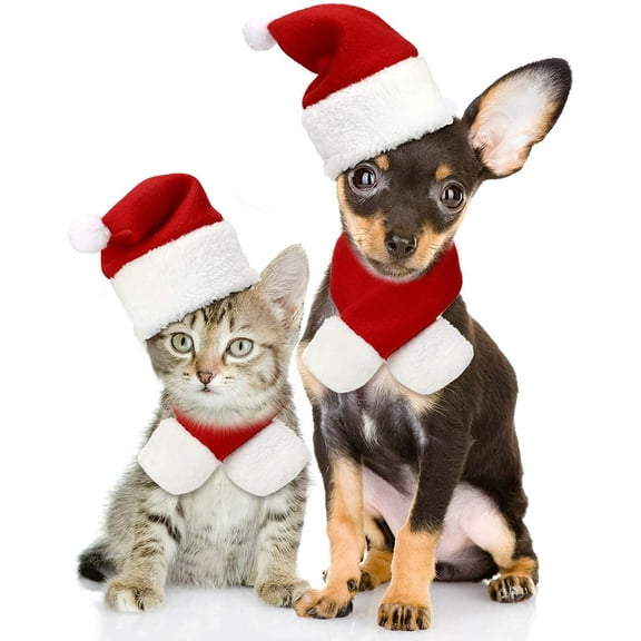 Vorkoi Cat Santa Hat with Scarf Christmas Pet Outfit Adjustable Pet Costume Set Pet Santa Clause Apparel Puppy Dog Santa Hat New Year