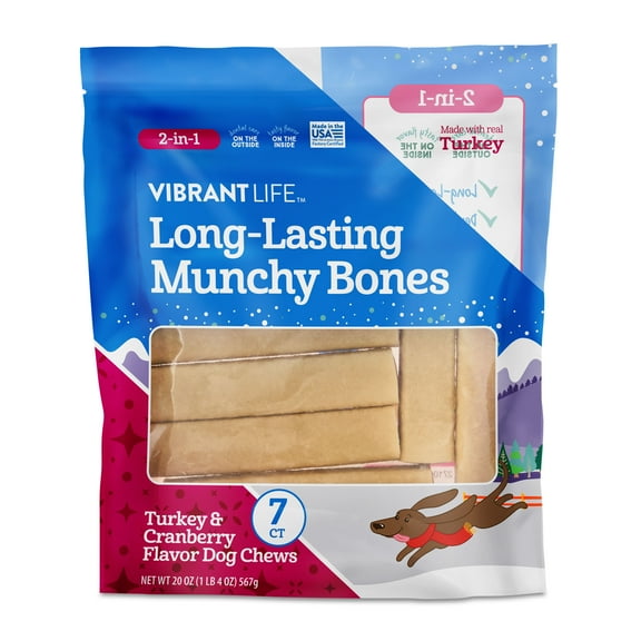 Vibrant Life Long-Lasting Munchy Bones Dog Chews, Turkey & Cranberry, 20 oz, 7 Count