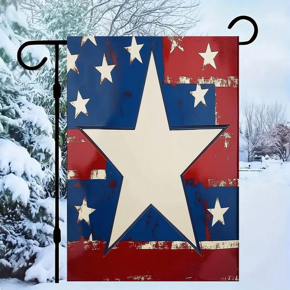 RKSupls Patriotic Linen Double Sided Garden Flag, Independence Day Themed Yard Decor, Star over American Flag Outdoor Banner for Holiday Lawn