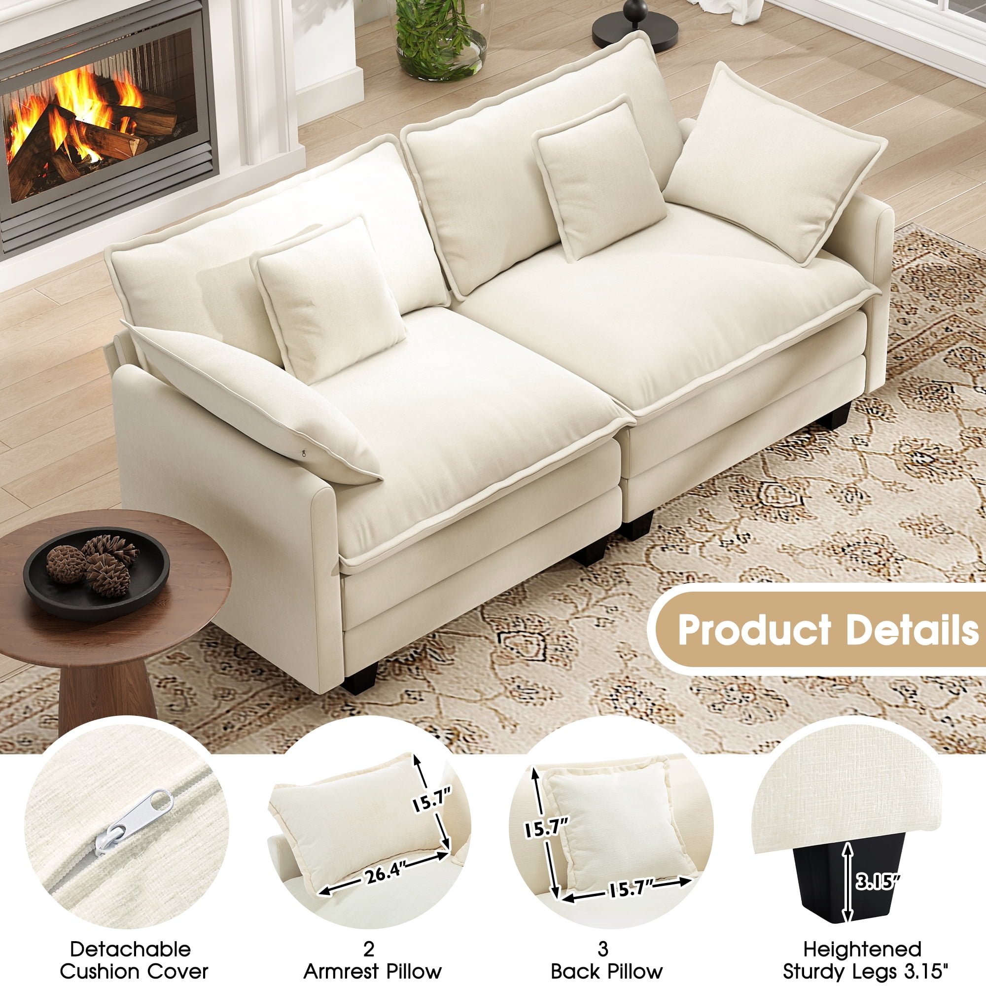 BedLuxury 76.7'' Loveseat Sofa, Modern Chenille Sectional Sofa Cloud Couch for Living Room, Apartment, Office, 2-Seat, Beige