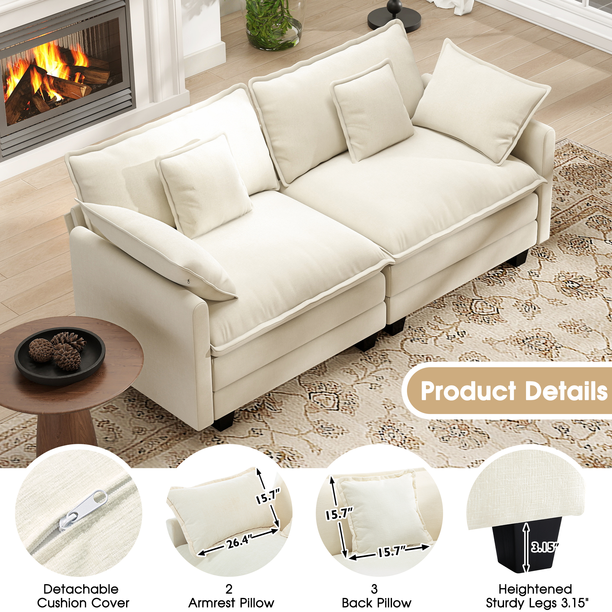 BedLuxury 76.7 in Cloud Chenille Loveseat Sofa, Beige photo 2