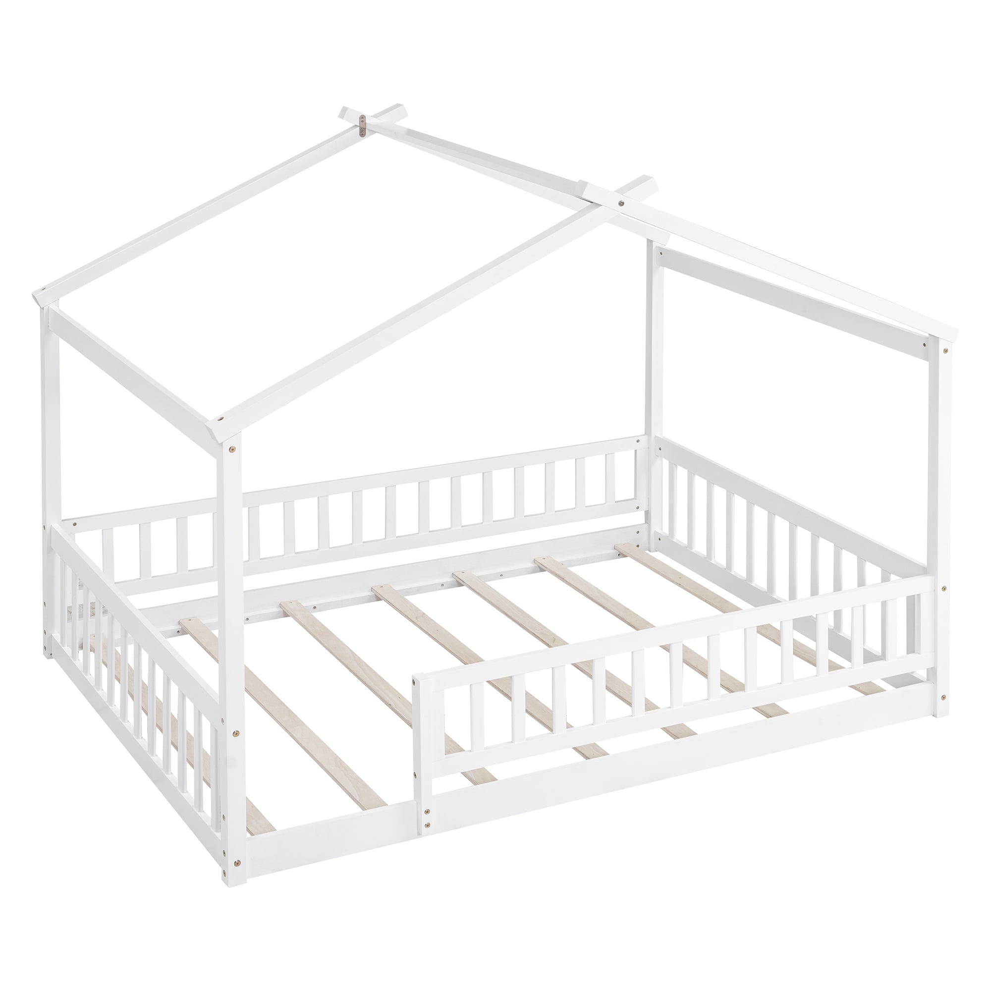 Wooden Full Size House Bed Frame for Kids, Toddler Floor Bed with Roof and Fence, Classic Design Montessori Bed for Toddlers, Teens, Boys or Girls, Box Spring Not Required, White