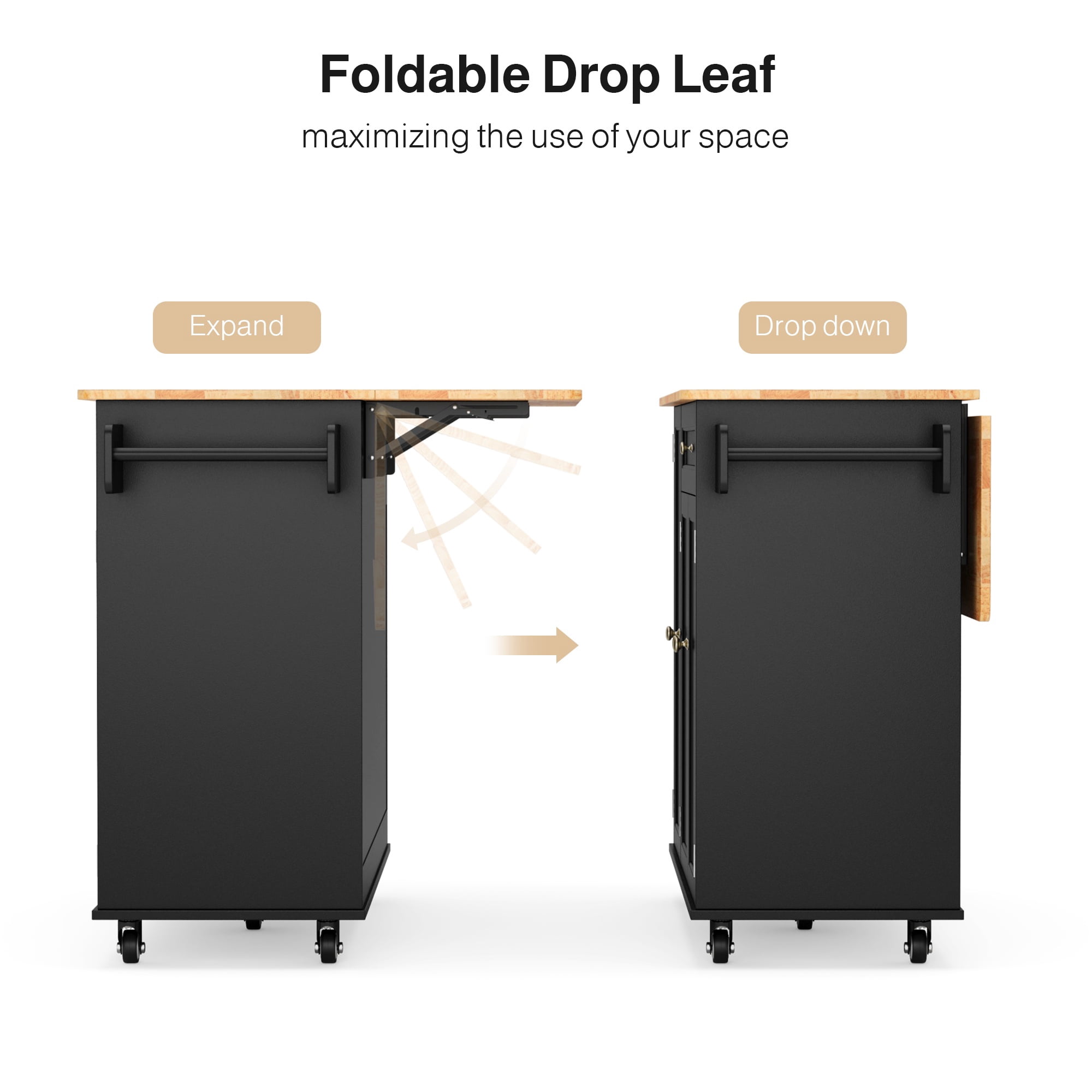 Noelse Rolling Kitchen Island Table with Storage, Drop Leaf Countertop, Kitchen Island with Wheels, Spice Rack & Towel Bar, Black
