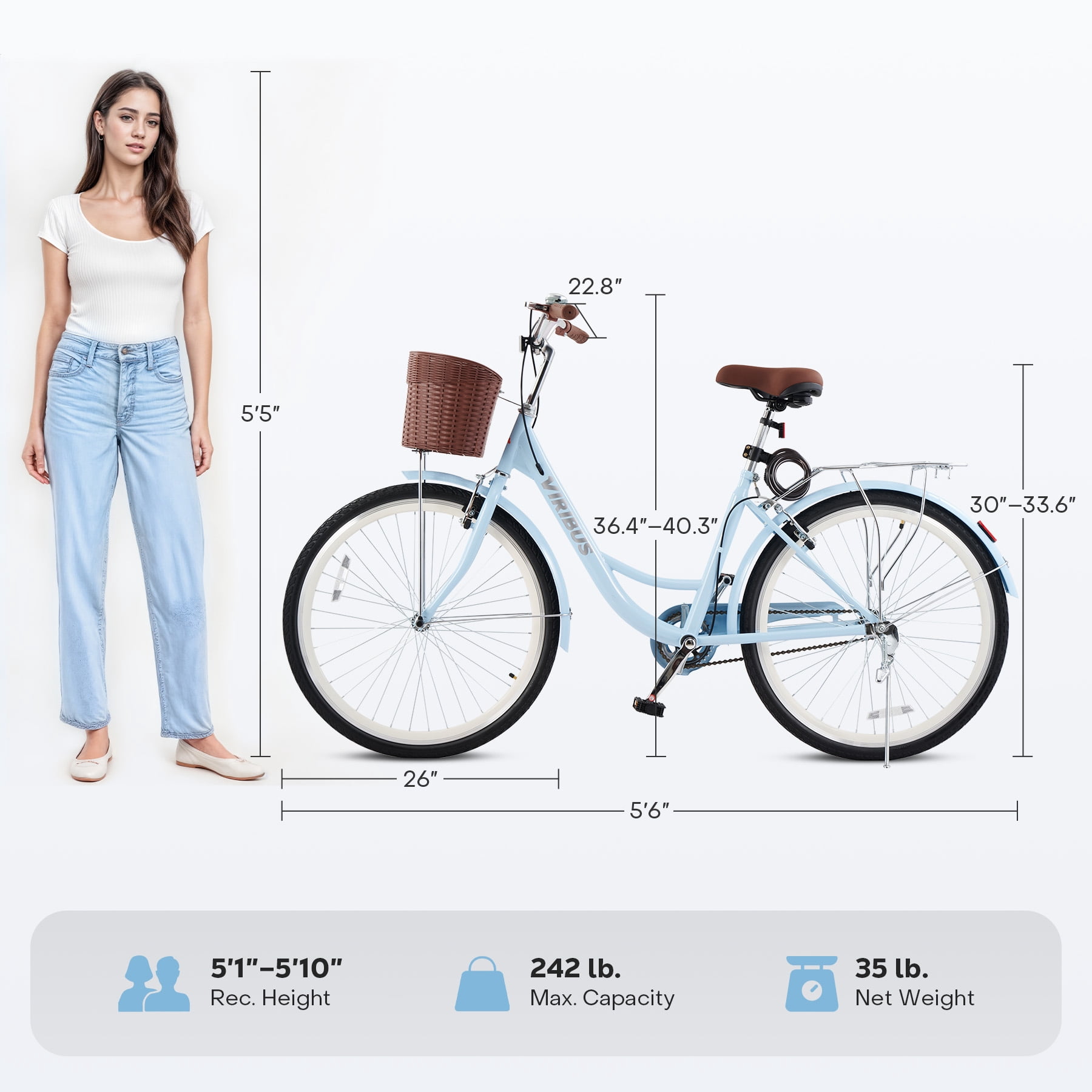 Viribus 26" City Cruiser Bicycle for Women with Carbon Steel Frame Dual V Brakes Basket for Women Adults,Blue