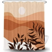 Mid Century Morden Boho Shower Curtain, Abstract Beige Cream Brown Mountain Sunset with Leaf Leaves Nature Fabric Shower Curtain, Bathroom Curtains with Hooks Sets, 69x70inches