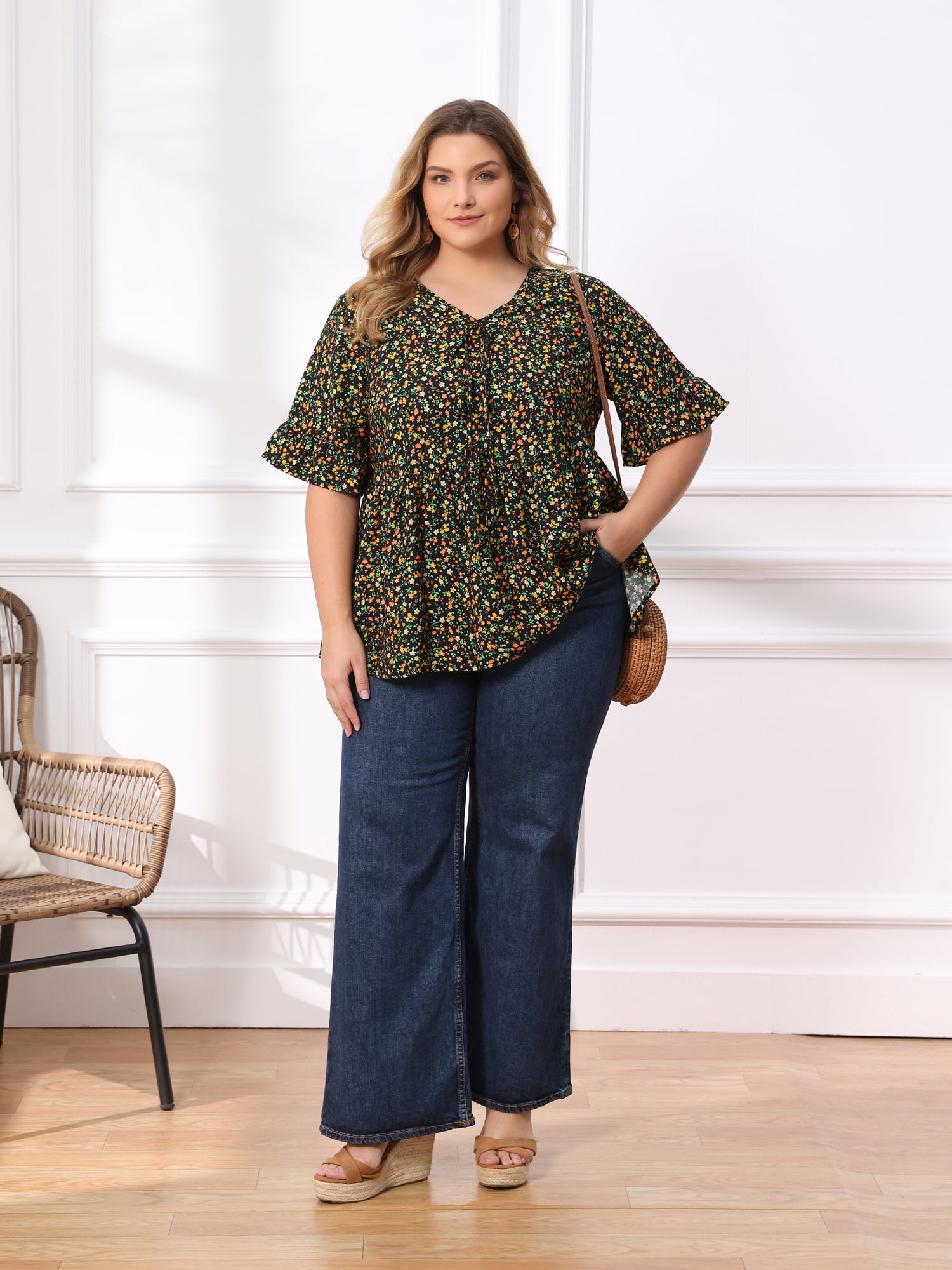 DARING DIVA Women's Plus Ditsy Floral V Neck Tie Front Ruffle Sleeve Blouse 2X Black