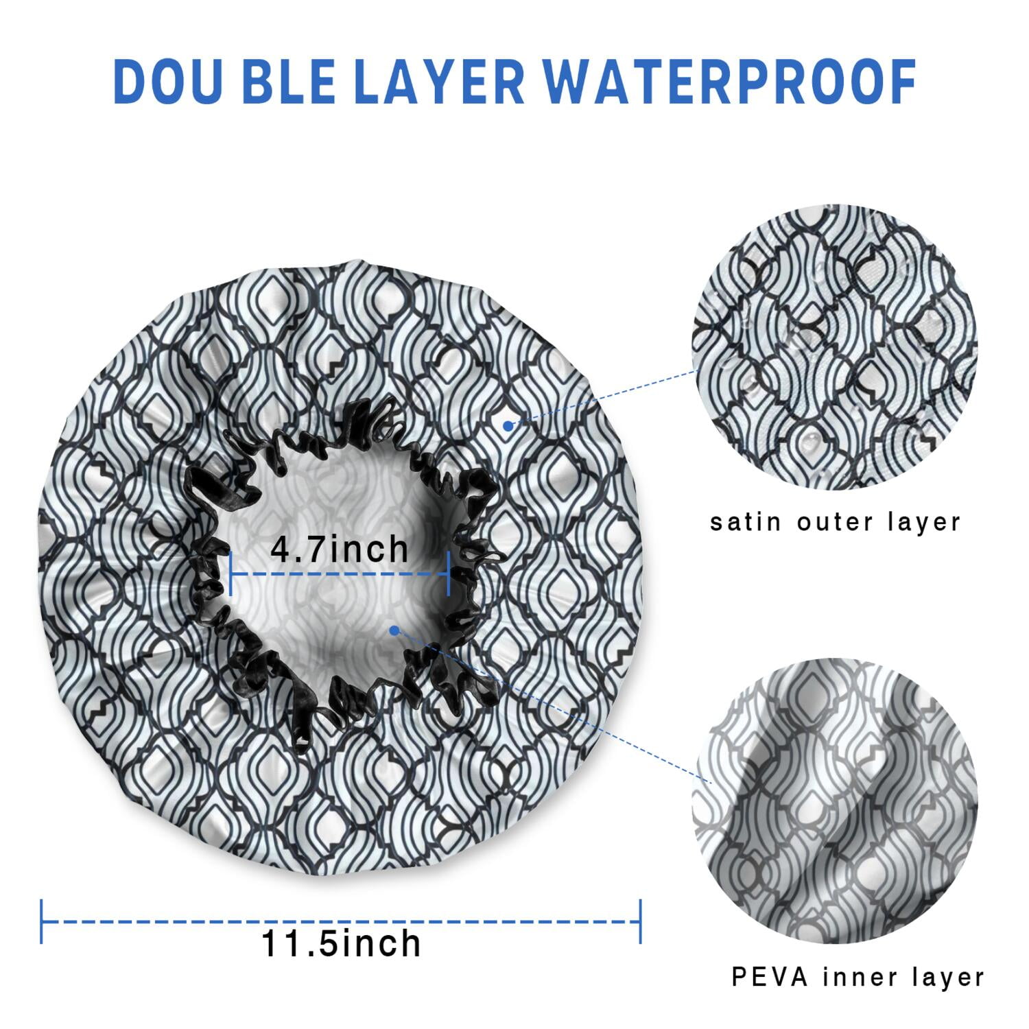 Shower Caps,Blue and White Intricate Pattern Waterproof Shower Cap for Women 4 Pieces,Double Reusable Hair Cover for Shower PEVA Elastic Stretch Hem