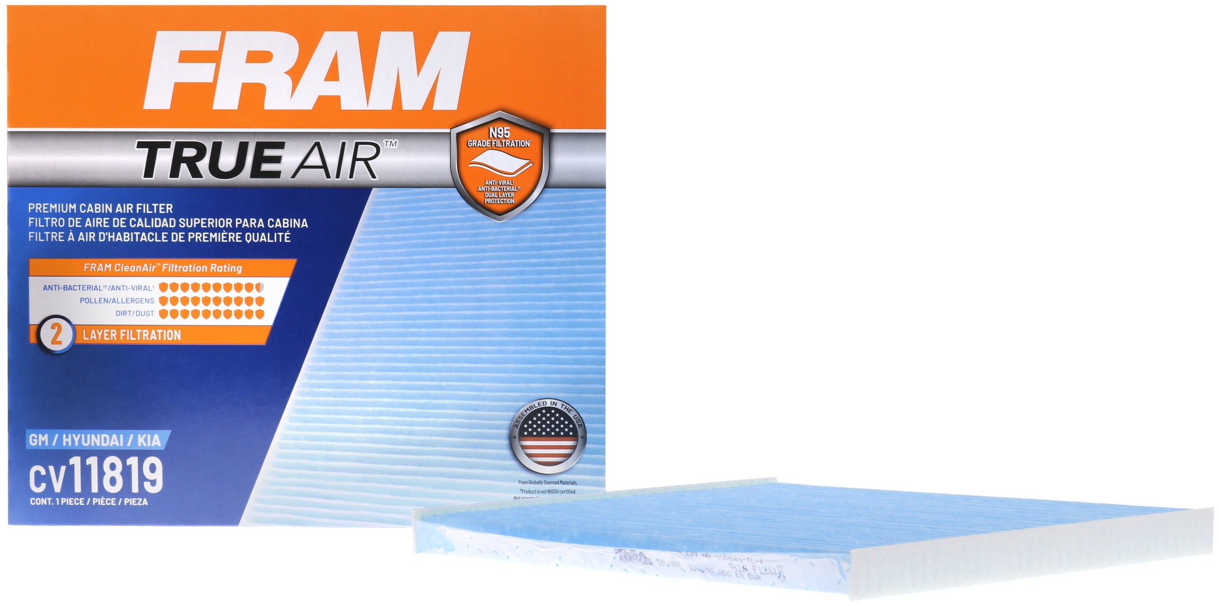 (2 pack) FRAM CV11819 TrueAir Premium Cabin Air Filter with N95 Grade Filter Media for Select Hyundai and Kia Vehicles