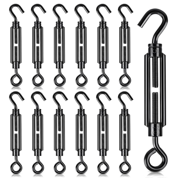 12PCS M5 Hook & Eye Turnbuckle 4.65-6.7 Inch Adjustable Heavy Duty Black Rustproof Cable Tensioner Hardware for Fence, Garden Wire & Outdoor Use