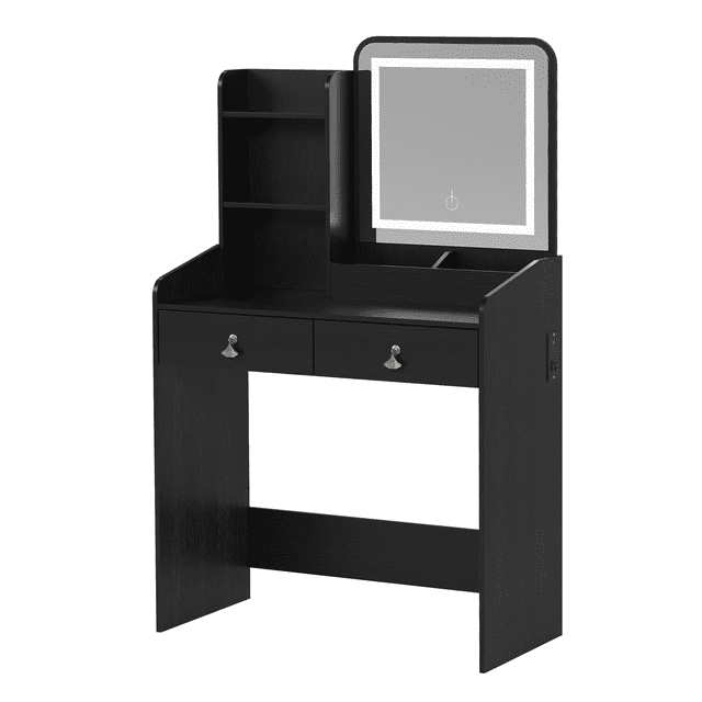 Coiffeuse avec Miroir d'Éclairage Réglable, Station de Recharge, 2 Tiroirs, 4 Étagères et Tabouret de Rangement