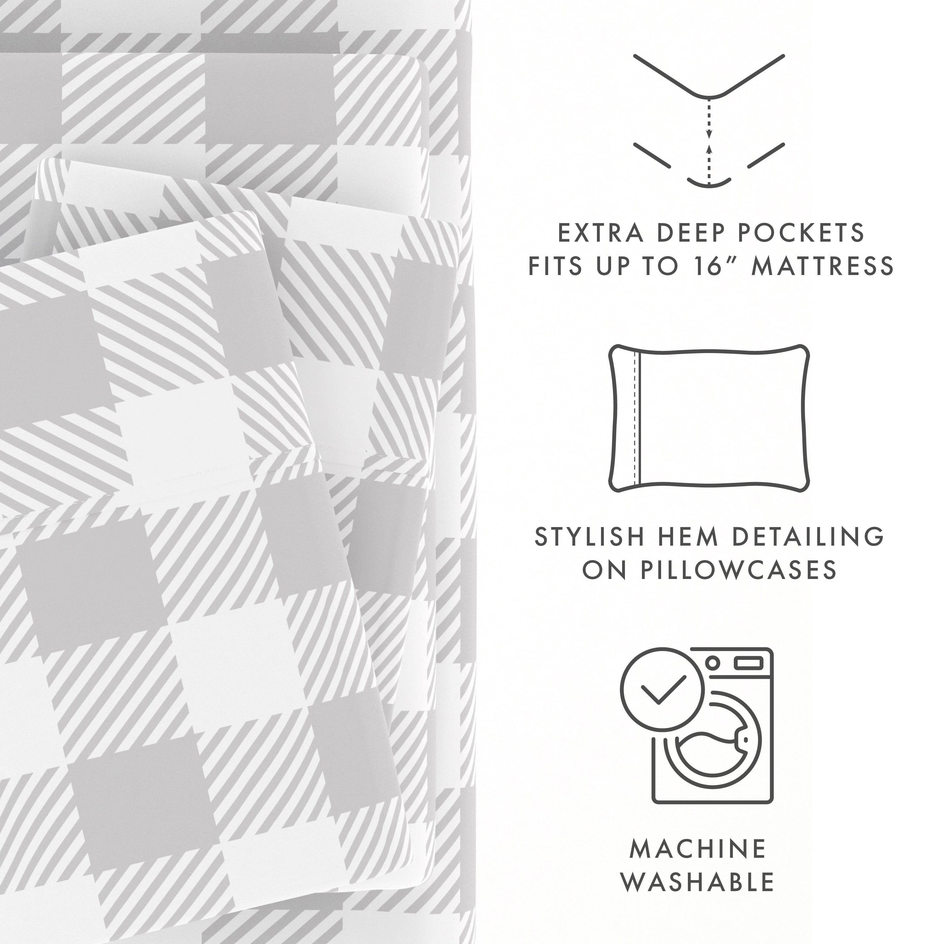 Noble Linens 4 Piece Pattern Microfiber Bed Sheets Set, Light Gray Country Plaid, Full