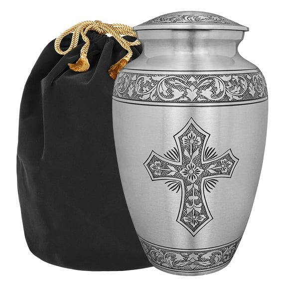 Trupoint Memorials Cross Pewter Adult Brass Cremation Urn with Velvet Bag
