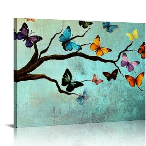 FCXZI Vintage Wall Art Canvas Colorful Butterfly on Teal Background Paintings Art Prints Butterflies Artwork for Home Bedroom Dining Room Wall Decoration Ready to Hang 16x12in