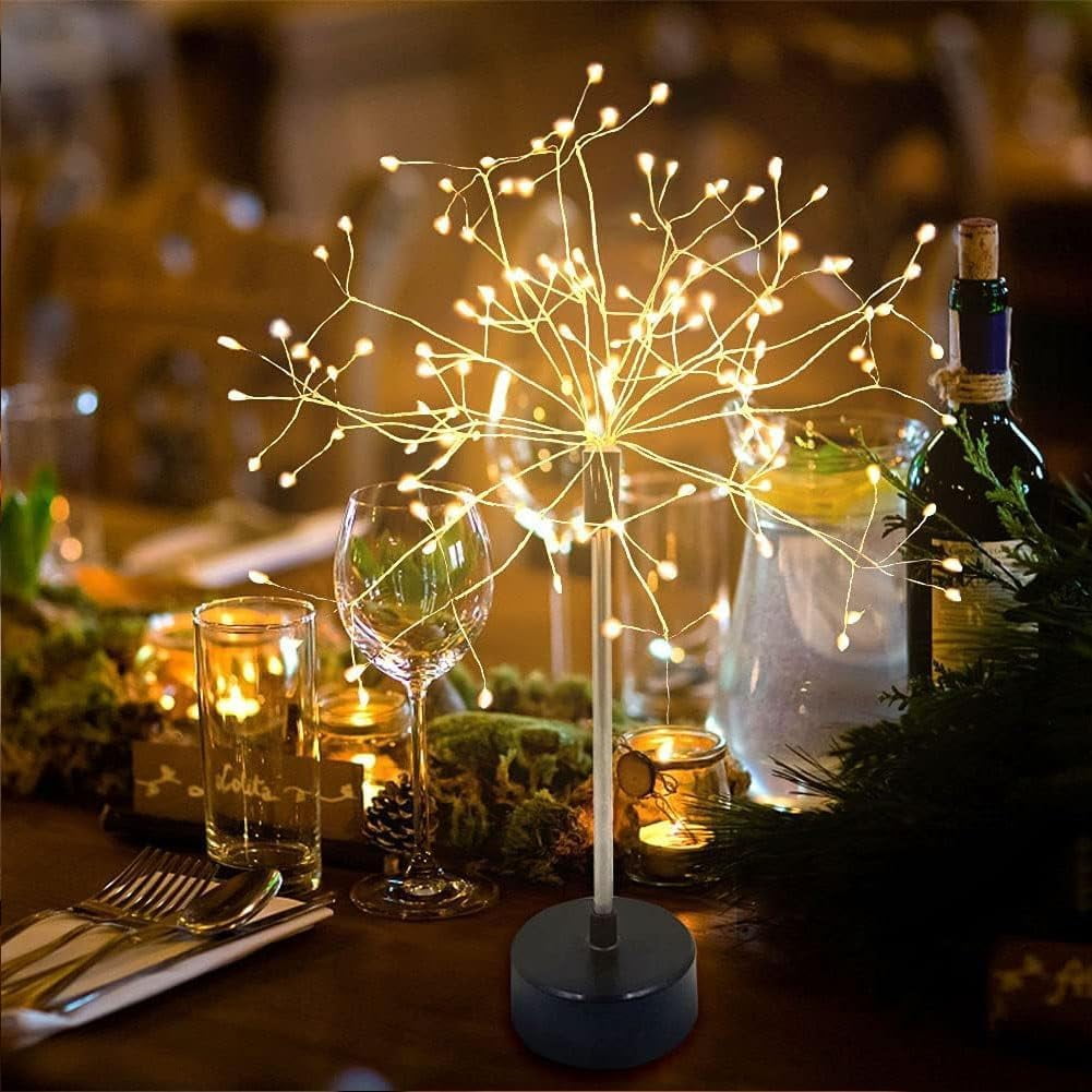Mini Table Firework Lights, 100LED Dandelion Table Lamp with Warm Starburst Fairy Lights, Battery Operated Fireworks Table Light for Christmas Party, Bedroom, Home Décor, Holiday Table Centerpiece