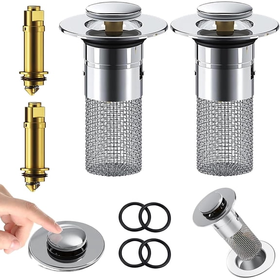 2Pcs Bathroom Sink Stopper Hair Catcher, Pop Up Bathroom Sink Drain Strainer Filter with Removable Stainless Steel Basket, Brass-core Floor Drain