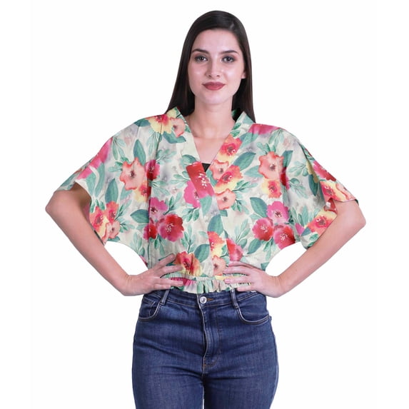Moomaya Printed Boxy Sleeve Tops For Women V-Neck Elastic Waist Kimono Top