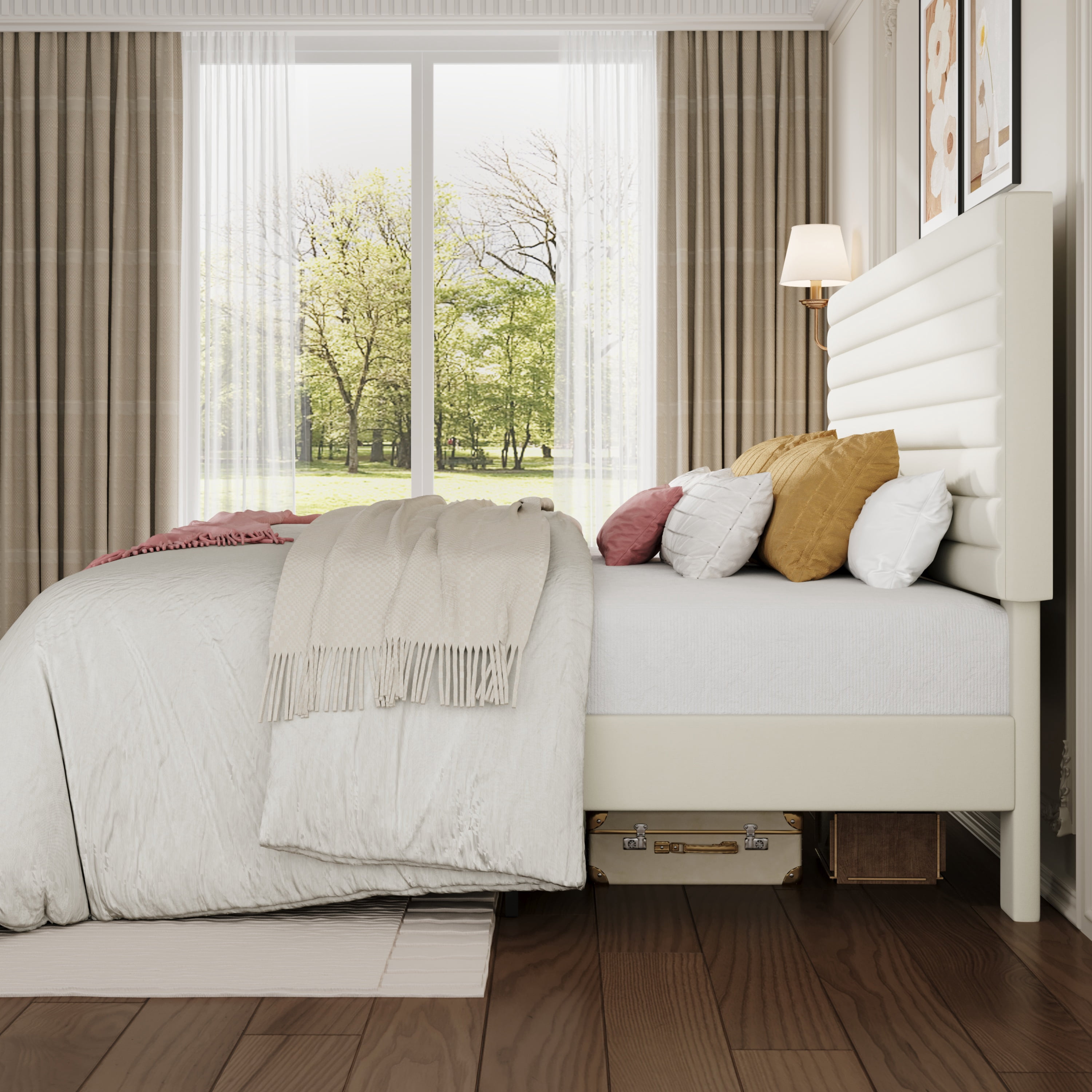 Sha Cerlin King Size Platform Bed Frame with Velvet Adjustable Headboard, No Box Spring Needed, Cream White