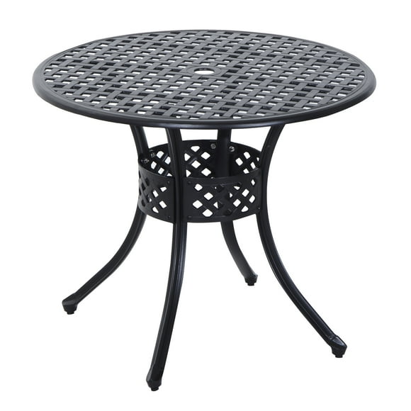 Outsunny 33-Inch Roud Patio Dining Table with Umbrella Hole, Cast Aluminum Garden Table, All Weather Patio Bisto Table, for Lawn, Garden, Outside, Black