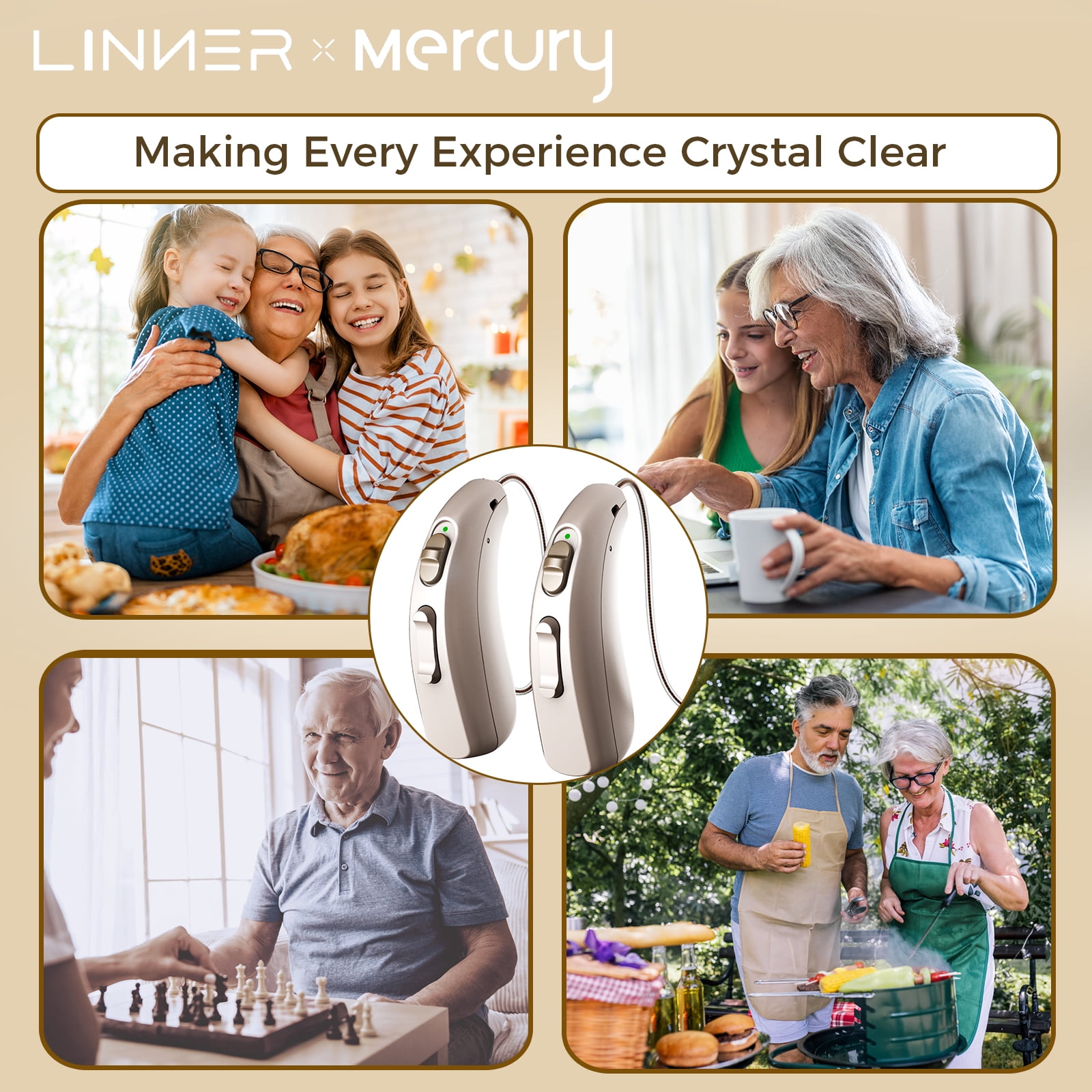 LINNER Mercury Hearing Aids Otc Rechargeable with Noise Cancellation, Bte Ric Style, 1 Pair, Beige
