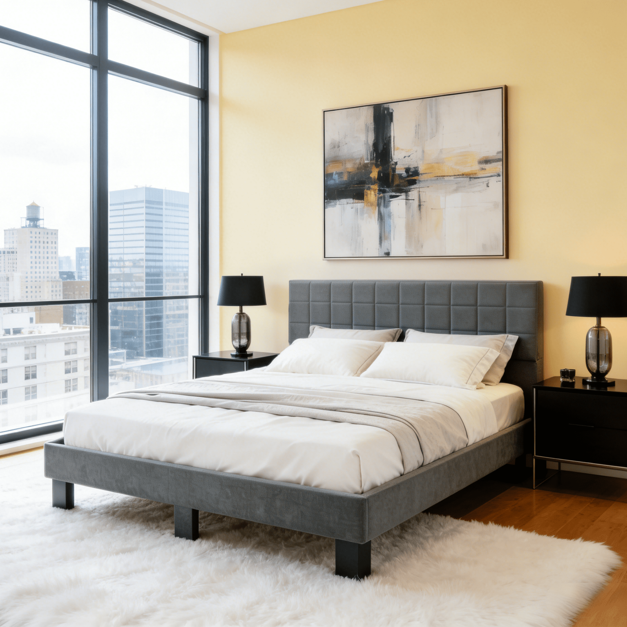 Gewnee King Size Platform Bed Frame with Upholstered Square Tufted Headboard,Wood Slats & Center Support Leg,Sturdy Wood Frame,No Box Spring Required.Dark Grey