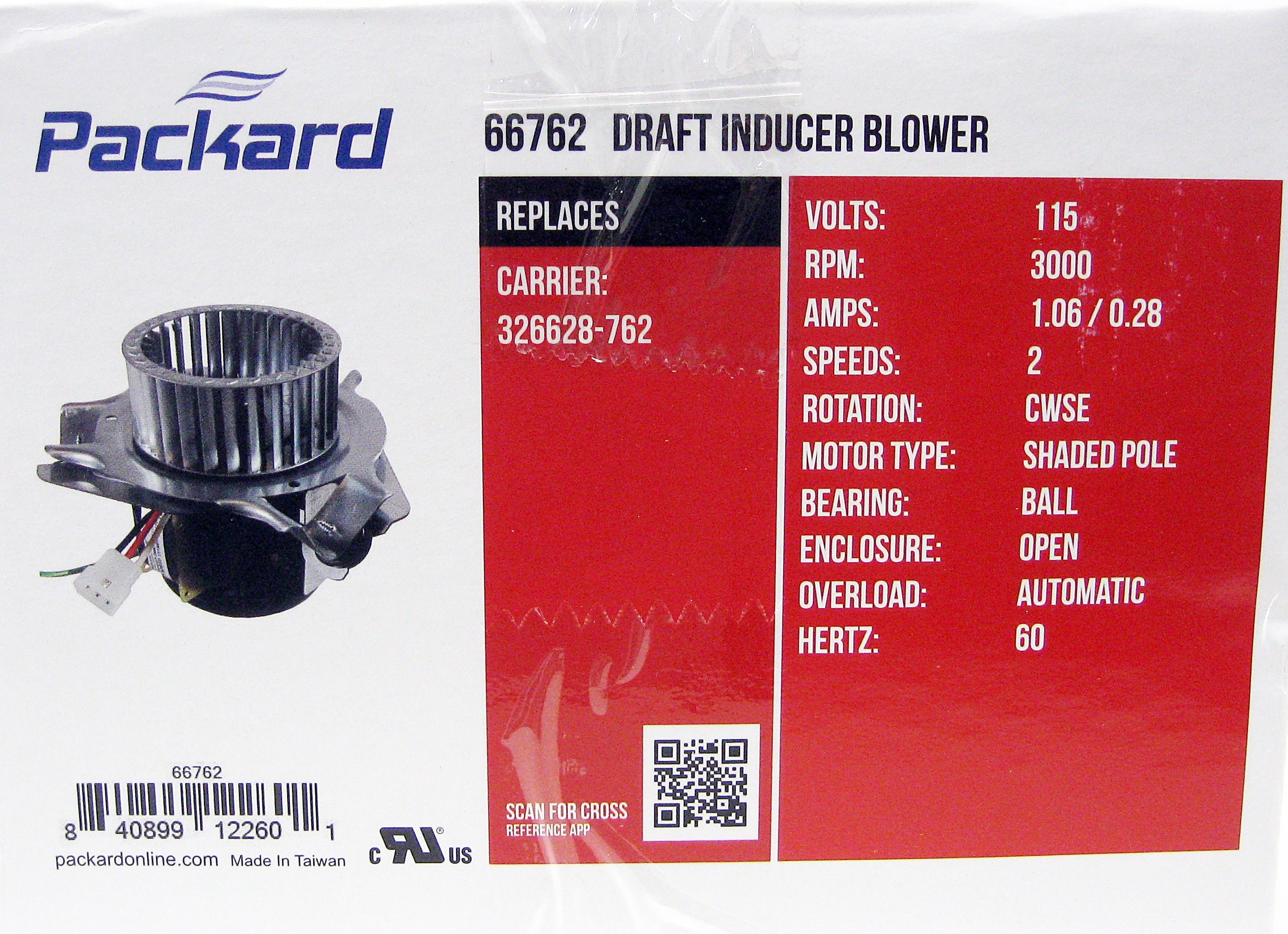 Packard 66762 Draft Inducer, 17/1.11W, Speed, 1.06/0.28 Amps, 3000 RPM, 115  Volts