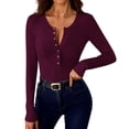 thumbnail image 6 of Olyvenn Women's Long Sleeve Shirts Casual Button up Square Neck Tops Slim Fit Rib Knit Basic Tee 2026 Spring Summer Clothes Wine S, 6 of 9