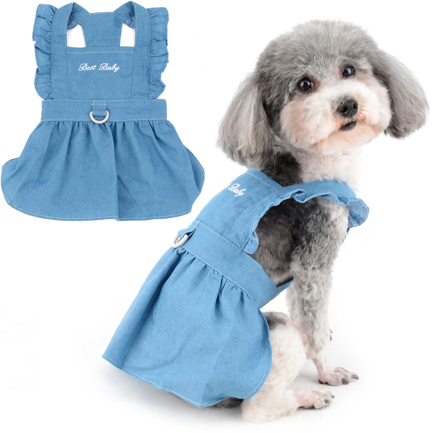 SELMAI Dog Denim Harness Dress Ruffles Puppy Princess Dress for Small