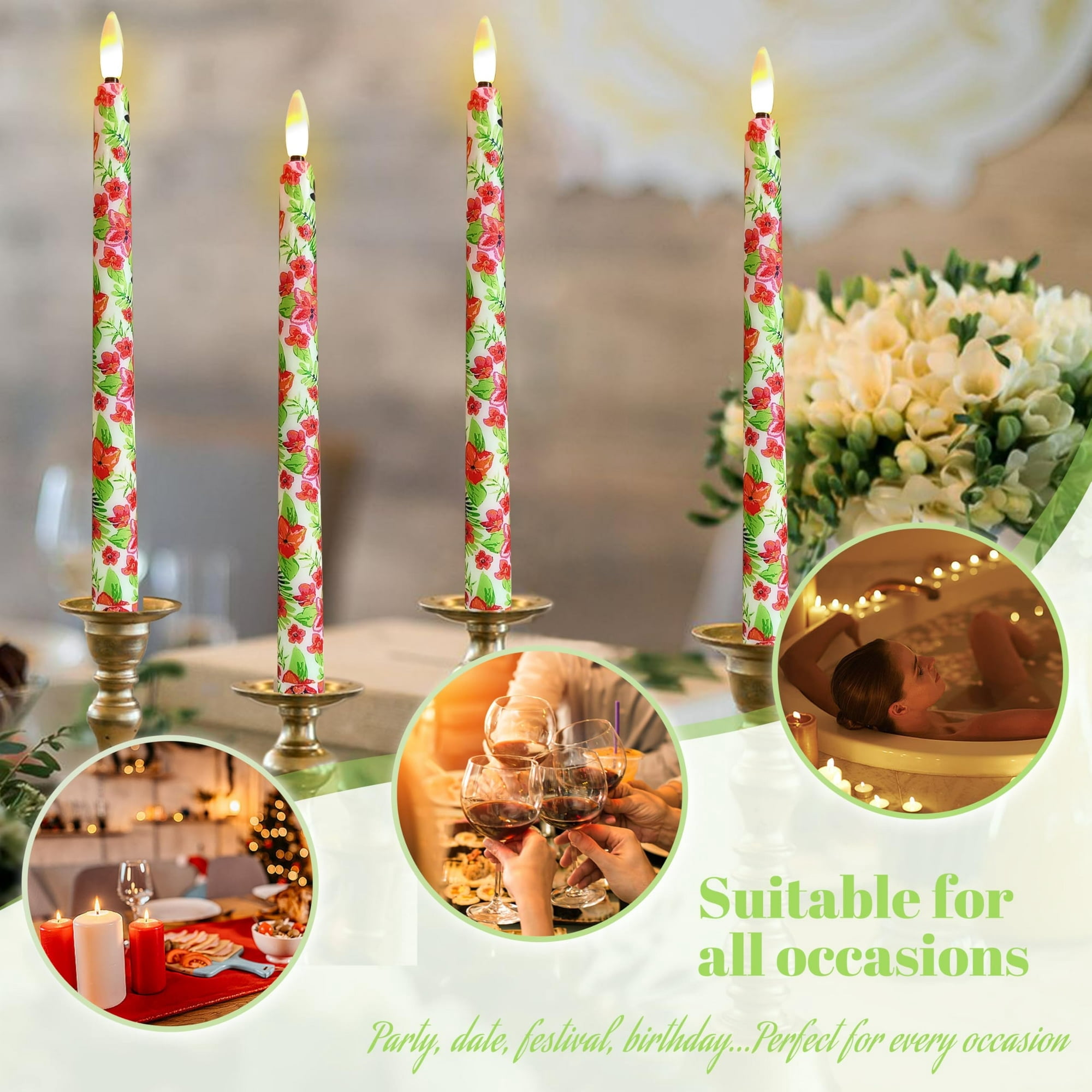 6PCS Printed Flameless Taper Candles, 11 Inch LED Candlesticks Battery Operated with 10-Key Remote and Timer, 3D Flickering Flame Lights for Wedding Party Home Decor Gifts